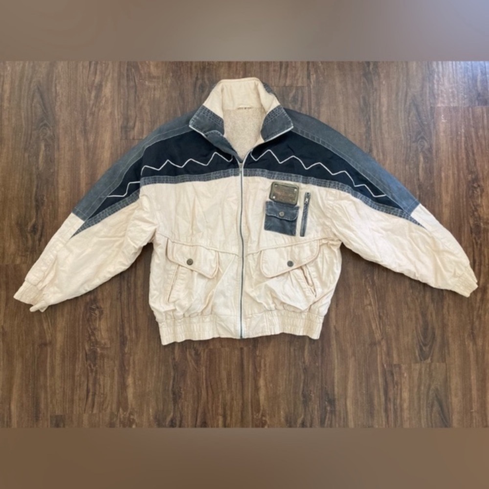 Vintage Two-Tone Cream and Navy Zip Front Bomber Jacket